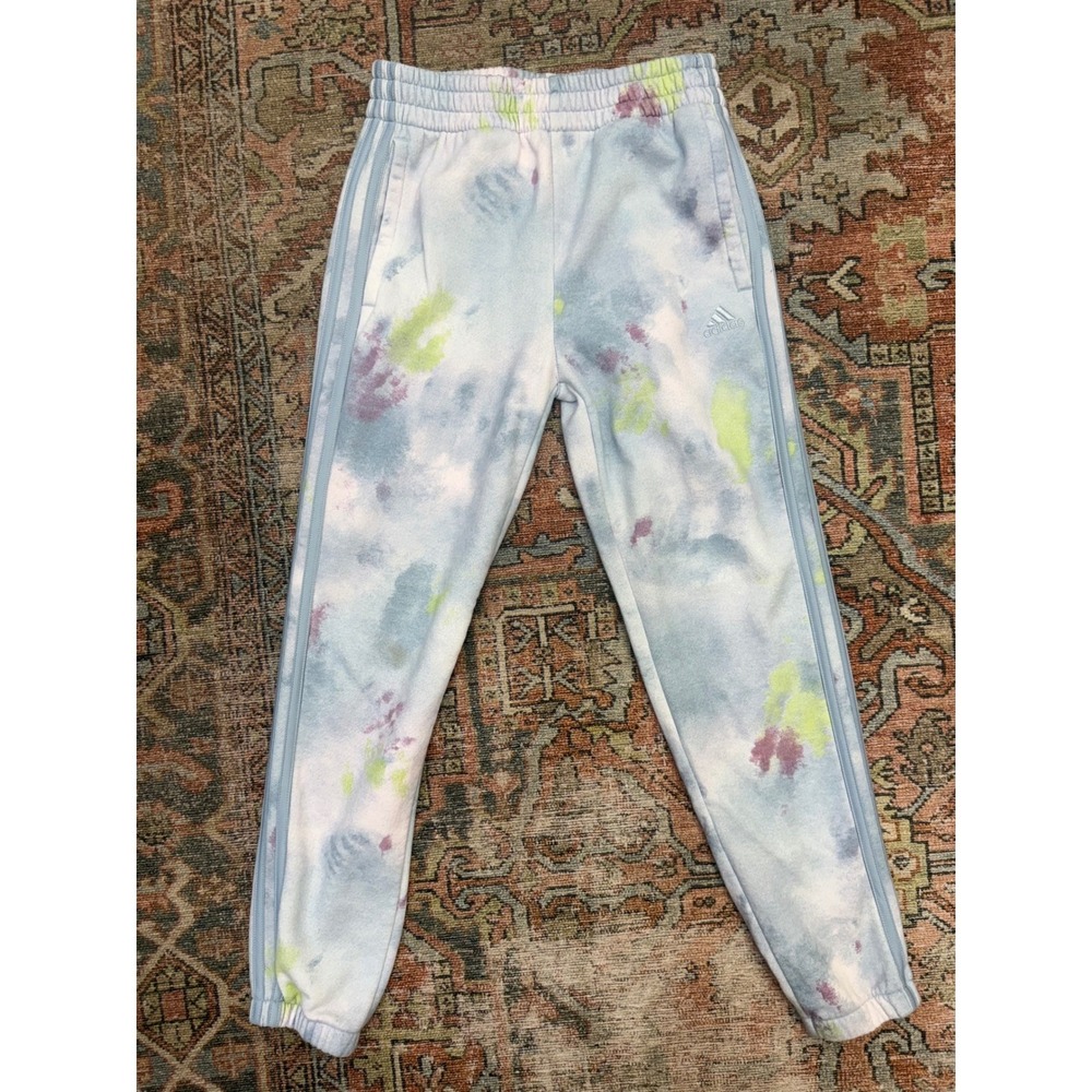 Adidas Kids Tie Dye Joggers Blue Purple Green 3-Stripe Sweatpants Size M 10/12
